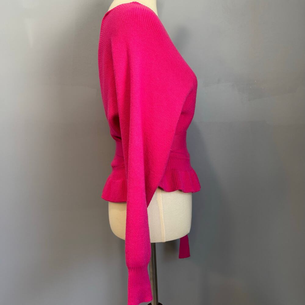 Lulus Hot Pink Barbiecore Wrap Sweater Coquette Ruffle Hem Balletcore Preppy S - Picture 5 of 8